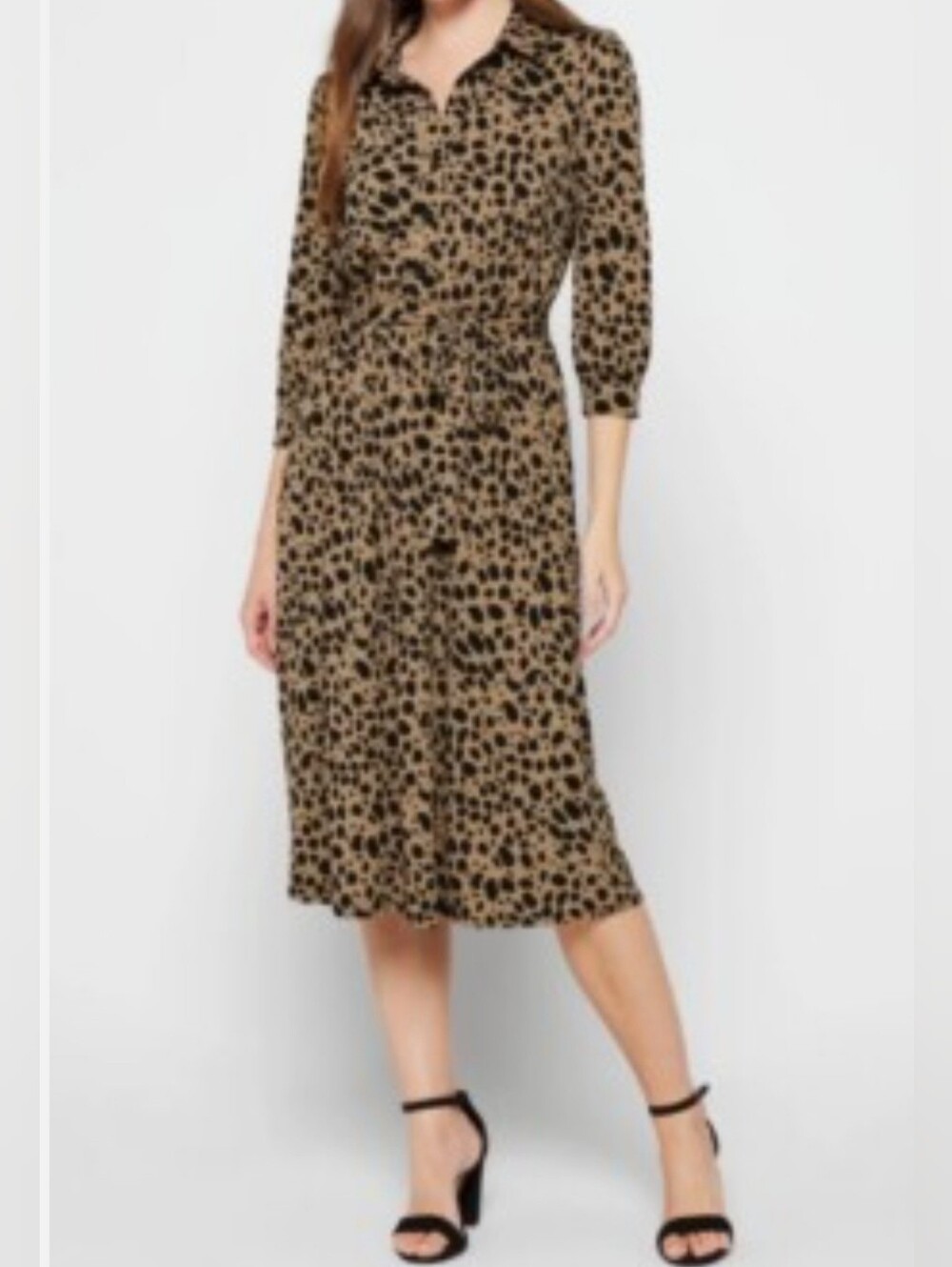 Kaileigh Tan and Black Printed Midi Dress with Tie Waist